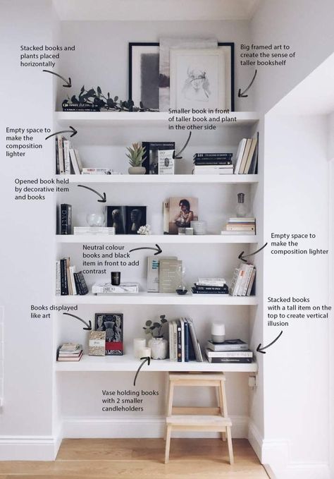 How to decorate your shelves: the minimal style - The White Interior Study Room Decor With Book Shelf, Decorate White Bookcase, Shelf Decor Study Room, Book Case Styling Ideas, How To Style A Book Shelf, Shelf Organization Ideas Living Room, Home Library Decor Bookshelf Styling, Styling Shelves With Books, Lounge Styling Ideas