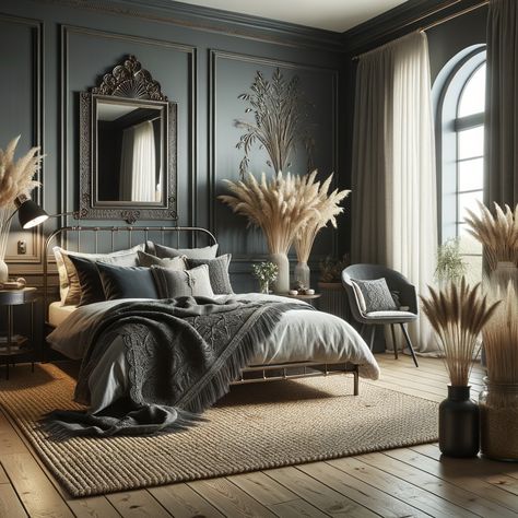 Sumptuous and modern bedroom with a dark, Farmhouse aesthetic featuring an Art Deco metal bed frame, velvet headboard, tonal pillows, embroidered throw blanket, wall-mounted mirror, accent table with decorative items, elegant black lamp, bow windows with white curtains, delicate plants in vases, and a hemp rug in pewter and azure tones. Edwardian Bedroom Ideas Interior Design, Black Metal Bed Frame Ideas, Dark Parisian Aesthetic Bedroom, Parisian Aesthetic Bedroom, Modern Victorian Decor Living Room, Plants In Vases, Victorian Bedroom Furniture, Dark Farmhouse, Modern Victorian Bedroom