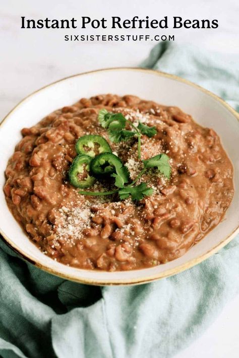 Instant Pot Refried Beans Recipe (Restaurant-Style) Refried Beans Slow Cooker, Slow Cooker Refried Beans, Instant Pot Refried Beans Recipe, Instant Pot Refried Beans, Make Refried Beans, Slow Cooker Beans, Refried Beans Recipe, Mexican Side Dishes, Six Sisters