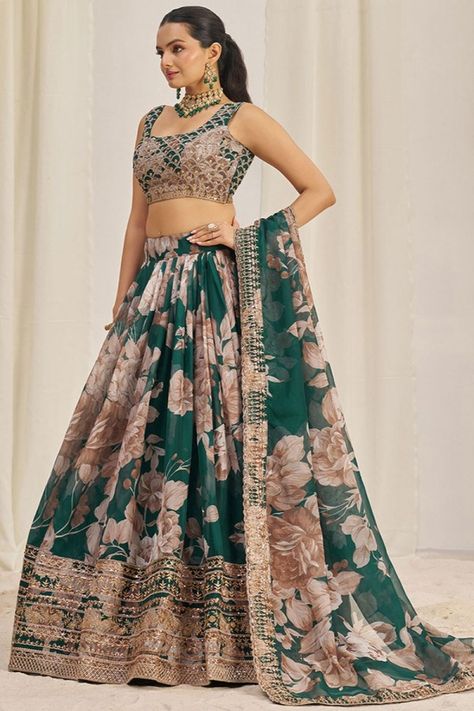 Pine Green Floral Print Organza Embroidered Lehenga Set Sangeet Lengha, Green Lehenga Choli, Durga Pooja, Ghaghra Choli, Lehenga Choli For Women, Choli For Women, Navratri Dress, Sequin Saree, Organza Lehenga