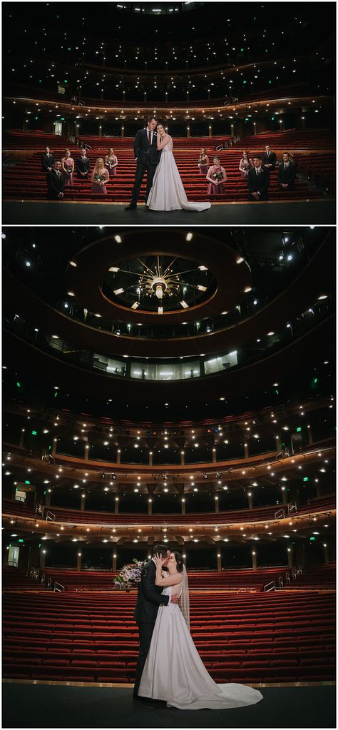 theater wedding photo with bride and groom and Ellie caulkins opera house Old Theater Wedding, Theater Wedding Ideas, Wedding In Theatre, Broadway Wedding Ideas, Wedding In A Theatre, Theatre Wedding Photos, Theatre Wedding Ceremony, Musical Theatre Wedding, Theatre Wedding Theme