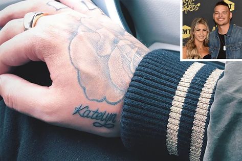 Kane Brown Tattoos His New Wife Katelyn's Name on His Hand After Saying 'I Do' Wifes Name Tattoo Ideas For Men, Wife Name Tattoo, Brown Tattoos, Tattoos On Hand, Name Tattoo On Hand, Kane Brown Music, Symbol For Family Tattoo, Mother Son Tattoos, Browning Tattoo