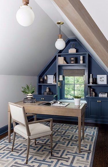 Small Attic Ideas Low Ceilings Office, Attic Office And Tv Room, Slanted Ceiling Office Small Spaces, Angled Ceiling Office, Home Office Angled Ceiling, Slanted Ceiling Home Office, Slanted Wall Office, Slanted Ceiling Office Ideas, Attic Built Ins Slanted Walls