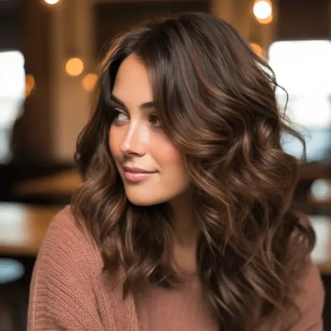 Hair Cuts For Brunettes, Mocha Brown Balayage, Medium Brown Hair With Highlights, Hazelnut Hair Color, Traditional Highlights, Hazelnut Hair, Soft Highlights, Brown Wavy Hair, Hair Styles For Round Faces