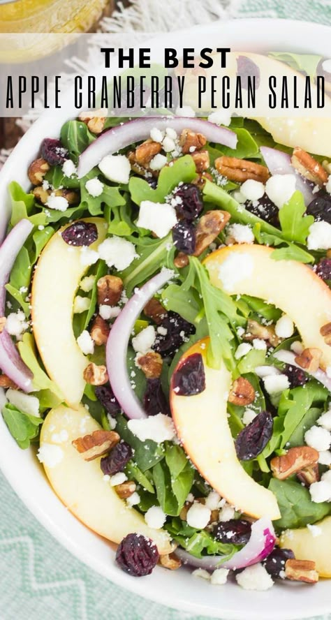 This Apple Cranberry Pecan Salad with Honey Cider Vinaigrette is sweet, savory, and comes together in minutes. Featuring fall-inspired ingredients, such as fresh apple slices, dried cranberries, red onion, pecans, and feta, this salad is full of flavor and makes a healthier lunch or dinner! #salad #saladrecipes #fallsalads #fallsaladrecipes #applesalad #healthysalad #healthysaladrecipes #healthysidedish #recipe Cranberry Pecan Salad, Apple Cranberry Salad, Cider Vinaigrette, Apple Salad Recipes, Simple Vinaigrette, Cranberry Salad, Pecan Salad, Fresh Salad Recipes, Red Onion Salad