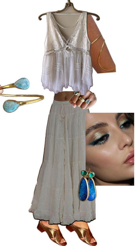 Greece inspired outfit : white long skirt : blue jewlery : Egypt Hellenic Aesthetic Outfit, Greek Festival Outfit, Athena Aesthetic Outfits, Hellenistic Fashion, Greek Outfit Aesthetic, Greek Inspired Outfits, Greek Outfit Ideas, Blue Jewlery, Spiritual Outfits