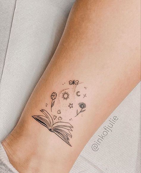 How cute is this fine line tattoo? For more tattoos check it out our Instagram  @inkofjulie Cute Magic Tattoos, Fine Line Tattoo Book, Small Book Tattoo, Book Inspired Tattoos, Teacher Tattoos, Inner Wrist Tattoos, Lotusblume Tattoo, Winter Tattoo, Emo Tattoos