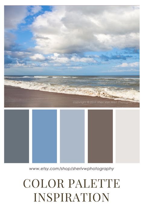 Decorating ideas for the bedroom or bathroom - Enjoy this calming blue color palette based on my image of a beach in the Outer Banks of North Carolina. This beach photography and more is available in my Etsy store. Carolina Blue Color Palette, Blue Brown Room, Decorating Ideas For The Bedroom, Earth Tone Blue, Earth Tones Color Palette, Blue And Earth Tones, Ocean Color Palette, Blue Contrast Color, Beach Color Palettes