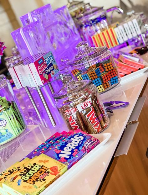 Kara's Party Ideas 40th Birthday Party 80’s Style | Kara's Party Ideas 80s Dessert Table, 80s Party Food, 80s Party Foods, 1980s Candy, Cool Candy, Marquee Numbers, 80s Party Decorations, 80s Birthday Parties, 1980s Party