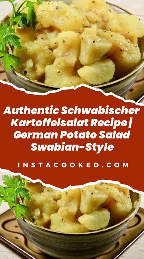 A rustic bowl of Schwäbischer Kartoffelsalat, showcasing unpeeled potatoes that have been cooked and sliced into rounds. The salad includes finely diced onions and is flavored with a touch of prepared yellow mustard. Seasoned with salt and freshly ground black pepper, the potatoes are dressed with a warm mixture of vegetable stock, vinegar, and vegetable oil. This traditional German potato salad is served warm or at room temperature, making it a perfect dish for any gathering. Authentic German Potato Salad Germany, German Potato Salad Recipe Authentic, Easy German Potato Salad, German Potato Salad Without Bacon, Authentic German Potato Salad, Mushroom Recipes Vegan, German Potato Salad Recipe, Peanut Butter Snacks, German Potatoes