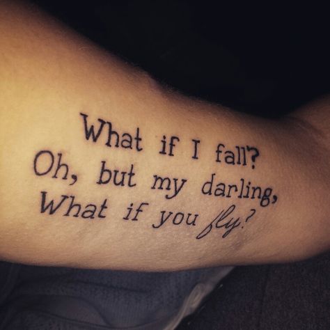 "What if i fall? Oh, but my darling, what if you fly?" Absolutely love the tattoo I got the other day. For You I’d Bleed Myself Dry Tattoo, What If I Fall Oh My Darling Tattoo, What If I Fall What If You Fly Tattoo, Oh But My Darling What If You Fly Tattoo, What If I Fly Tattoo, What If You Fly Tattoo, Shoulder Blade Tattoo, Twin Tattoos, Flying Tattoo