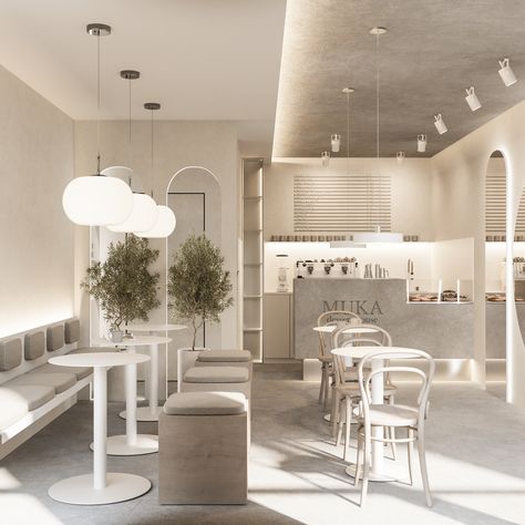 Minimal Cafe Design Interiors, White Cafe Interior, Minimal Cafe Design, Luxury Coffee Shop, Aesthetic Cafe Interior, Aesthetic Coffee Shop, Cafeteria Design, Modern Coffee Shop, White Restaurant