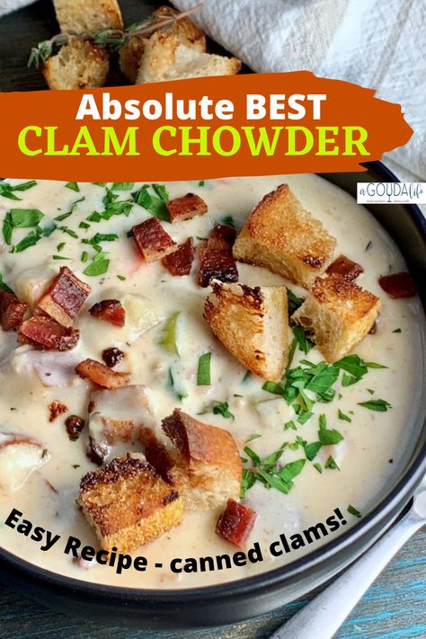 The best Clam Chowder I've ever made! Creamy New England Style loaded with (canned) clams, tender potatoes and crispy smoky bacon. #clamchowder #easyclamchowder #newenglandclamchowder #chowder #seafoodrecipes #seafoodstew #agoudalife Clam Juice Recipes, Claim Chowder Recipe, Clam Chowder With Canned Clams, Claim Chowder, Recipe For Clam Chowder, Traditional New England Clam Chowder, Easy New England Clam Chowder, Thick New England Clam Chowder, Slow Cooker Clam Chowder New England