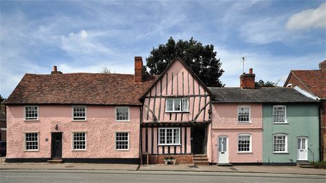 Pink House Exterior, Suffolk House, Front Door Canopy, Model Village, Black Houses, House Colours, Pink Cottage, Door Canopy, Black House Exterior