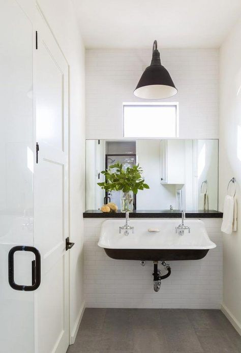 modern farmhouse trough sink black and white bathroom #bathroomsink Farmhouse Trough Sink, Mirror And Light, Farmhouse Bathroom Sink, Trough Sink, Bathroom Farmhouse Style, Modern Farmhouse Bathroom, Boys Bathroom, Downstairs Bathroom, Modern Farmhouse Kitchens