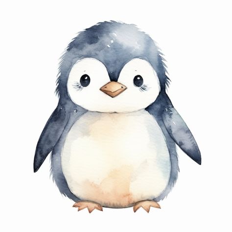 Artic Animals Drawings, Cute Watercolour Painting, Simple Penguin Painting, Cute Penguin Art, Baby Penguin Drawing, Watercolor Penguin Tutorial, Watercolor Art Animals, Penguin Watercolor Painting, Cute Penguin Illustration