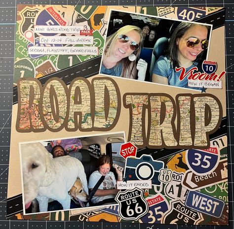 Roadtrip Scrapbook Ideas, Road Trip Scrapbook Ideas, Roadtrip Scrapbook, Roadtrip Journal, Student Life Yearbook, Road Trip Scrapbook, Personal Scrapbook, Trip Scrapbook, Road Trip Journal