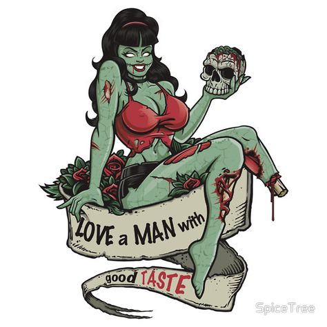 Zombie Love Taste Pin Up Drawings Tattoo, Zombie Woman Art, Zombie Girl Art, Zombie Pinup Tattoo, Retro Zombie Art, Zombie Pin Up Illustration, Zombie Pin Up, Zombie Cartoon, Pin Up Drawings