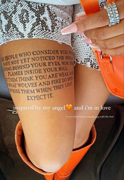 Lap Tattoo Women, Long Quote Tattoo Placement, Unique Pretty Tattoos Beautiful, Words Down Leg Tattoo, Above The Knee Tattoo Quote, Above Knee Tattoos Women, Long Quote Tattoo, Unique Tattoos Black Women, Aesthetic Tattoo Ideas