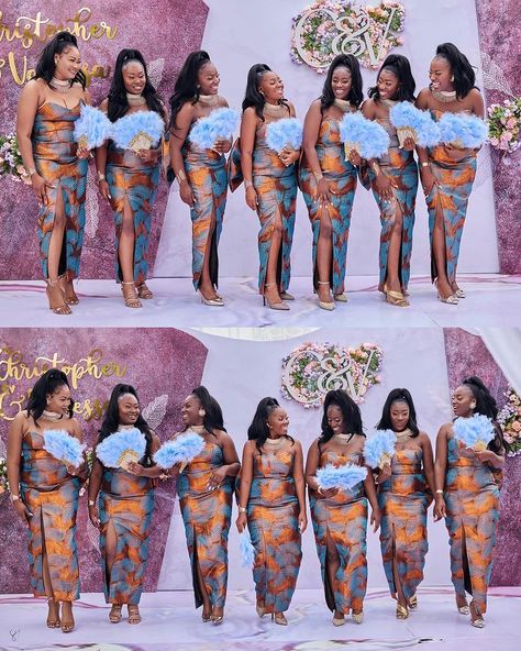 Focus and Blur on Instagram: “Bridesmaids game so strong THE ROYAL NORTEY’S 👏🏿 ⚜️Christopher ❤️ Vannesa ⚜️ Bridal makeup @reggies_makeovers *Event planners:…” African Print Wedding Dress, Cottagecore Fashion Aesthetic, African Bridesmaids, Printed Bridesmaid Dresses, Couples African Outfits, African Bridesmaid Dresses, African Weddings, African Prom Dresses, Mens Dress Shirts