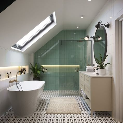 Loft Bathroom With Bath, Bathroom With Velux Window, Loft Bathroom Ideas Sloped Ceiling With Bath, Attic Room Bathroom, Roof Window Bathroom, En Suite In Eaves, Velux Bedroom Ideas, Sloping Roof Bathroom, Walk In Shower Window