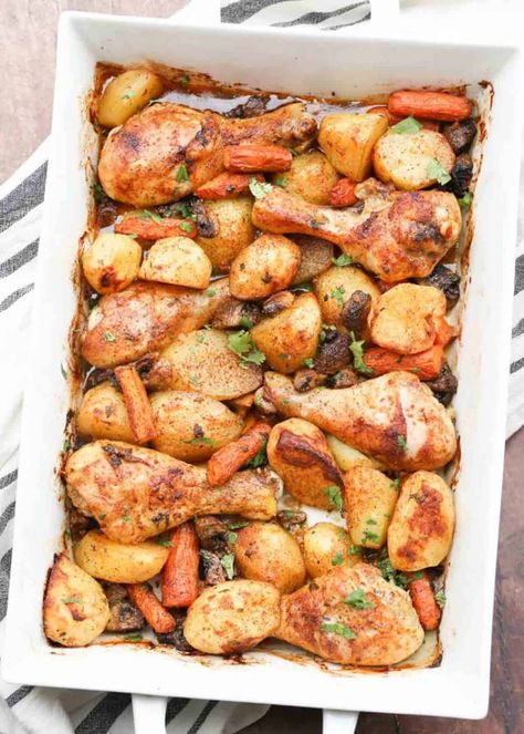 Chicken legs and potatoes recipe with vegetables baked in the oven with minimal prep time. Great one pan meal. What Temperature To Bake Chicken, Temperature To Bake Chicken, Chicken Leg Recipes Oven, One Pan Baked Chicken, Pan Baked Chicken, Roasted Chicken Legs, Chicken Breast Crockpot Recipes, Chicken Shawarma Recipe, Crockpot Chicken Breast