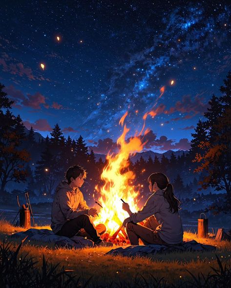 Two friends having a conversation by the bonefire, they are sitting close to each other, with the warm glow of fire illuminating their faces. The night sky is clear, and the surrounding area is quiet and serene, creating a cost atmosphere... - ✫ ━━━━━∙⋆⋅⋆∙━━━━━ ✫ Follow ➠ @tech4vinay.ai and Tap Notification 🔔☝️ ✫ ━━━━━∙⋆⋅⋆∙━━━━━ ✫ - #bonefire #starrynight #friendship #fanatasyworld #aiart #stablediffusionai #midjourney #aitrend #tech4vinay #NatureHarmony #ScenicJourney #BeautifulViews #Explor... Campfire Aesthetic, Campfire Drawing, Cu Chulainn, Cartoon Couple, Two Friends, The Night Sky, Couple Cartoon, Coffee Shops, Nature Wallpaper