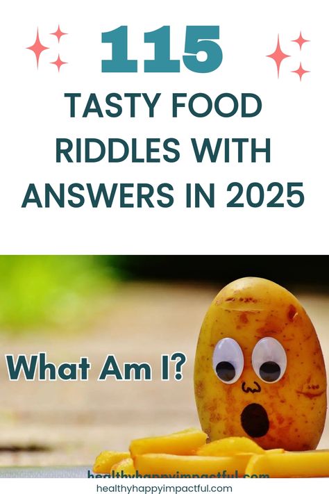 Animated potato with surprised eyes on a table, captioned "115 Tasty Food Riddles with Answers in 2025". Funny Riddles With Answers Hilarious, Disney Riddles, Food Riddles, Family Riddles, Funny Brain Teasers, Funny Conversation Starters, Easy Riddles, Funny Riddles With Answers, Thanksgiving Jokes