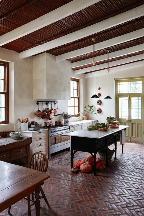 Brick Floor Kitchen, Antique Kitchen Cabinets, Decor Entryway, Hallway Decor, Brick Flooring, Entryway Hallway, Wood Beams, Farmhouse Kitchen Decor, House Flooring