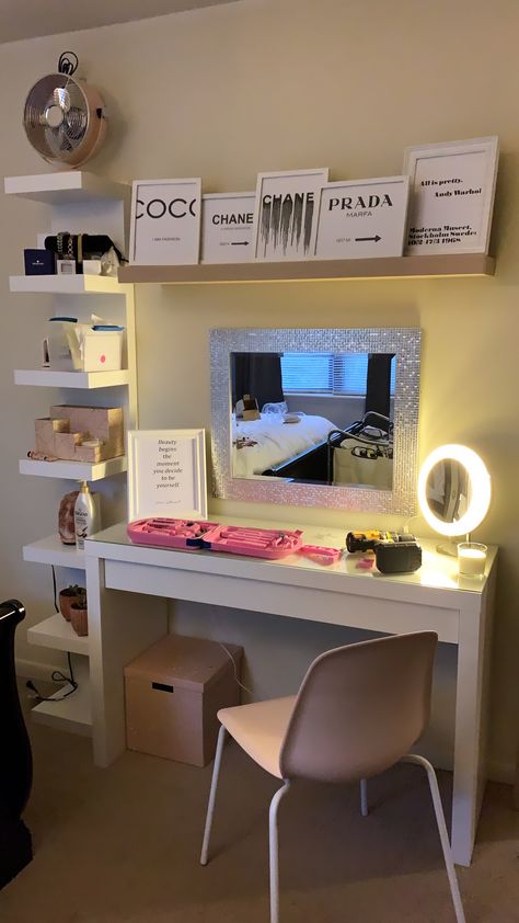 Vanity With Shelves Above, Makeup Shelf Ideas, Ikea Lack Shelf Ideas, Malm Vanity, Ikea Lack Shelf, Lack Shelves, Lack Shelf, Ikea Lack Shelves, Beauty Desk