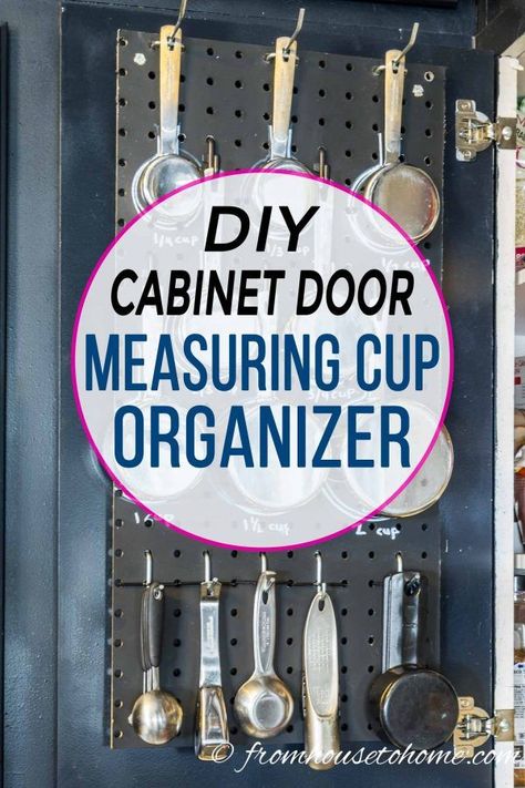 This DIY cabinet door measuring cup organizer is awesome! I was able to declutter my kitchen drawers by hanging all of my measuring cups and spoons behind a kitchen cabinet door. Great kitchen organization idea! Click through to find out how. #fromhousetohome #storageideas #organizing #kitchen #kitchenorganization #kitchenstorage Measuring Cups Organization, Measuring Cup Organization, Diy Office Organization, Diy Drawer Dividers, Cup Organizer, Organizing Kitchen, Diy Cabinet Doors, Diy Cabinet, Sewing Room Storage