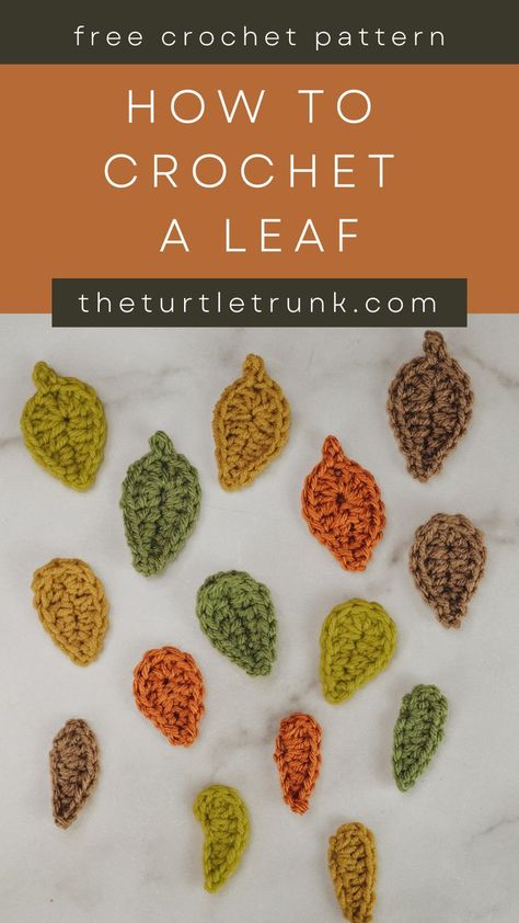 Photo shows several crochet leaves in multiple colors. Tiny Crochet Leaf, How To Crochet A Leaf Video Tutorials, Crochet Leaf Garland Free Pattern, How To Crochet A Leaf, Crochet Leaf Garland, Crochet A Leaf, Make A Garland, Leaf Crochet, Leaf Applique