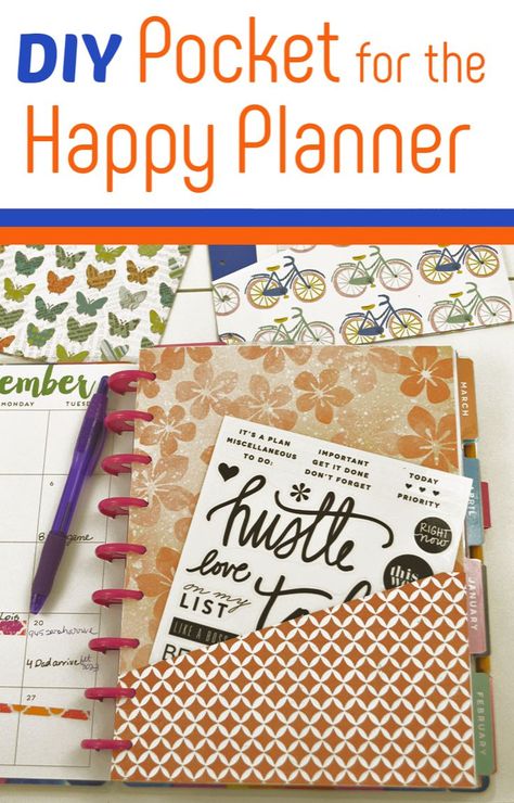 Happy Planner with orange DIY pocket Diy Happy Planner, Pocket Folder Diy, Planner Storage, Happy Planner Accessories, Folder Diy, Happy Planner Printables, Planner Doodles, Happy Planner Cover, Discbound Planner