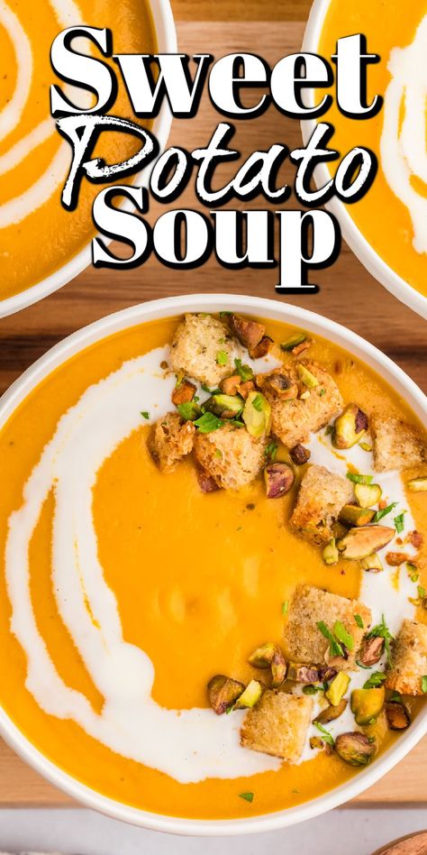 This Sweet Potato Soup Recipe is a perfect fall soup. It would make a great Thanksgiving first course or a wonderful soup to go with a sandwich for any night of the week. Low Calorie Sweet Potato Soup, Savory Sweet Potato Soup, Ham Sweet Potato Soup, Sweet Potato And Coconut Soup, Sweet Potato Bisque Soup, Pumpkin And Sweet Potato Soup, Creamy Sweet Potato Soup, Sweet Potato Coconut Soup, Sweet Potatoes Soup Recipes