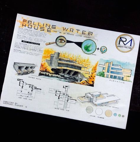 Conceptual Board Architecture, Concept Board Architecture, Falling Water House, Waterfall House, Falling Waters, Case Study Design, Architecture Drawing Plan, Interior Architecture Drawing, Falling Water
