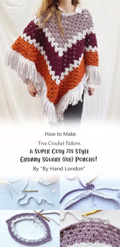 This is a very easy crochet pattern to do. It requires minimal skills so if you are thinking about picking up a hook, this is the one for you. 70s Crochet Patterns Free, 70s Crochet Patterns, Crochet Poncho Free Pattern Woman, Crochet Poncho Patterns Easy, Poncho Patterns, By Hand London, Crochet Poncho Free Pattern, Crocheting Projects, 70’s Style