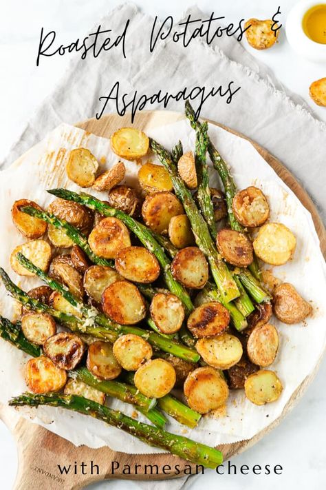 An easy recipe for crusty oven roasted potatoes and asparagus with parmesan cheese. This sheet pan vegetable dish is a perfect accompaniment to any meat, poultry or fish. Air Fryer Potatoes And Asparagus, Potatoes And Asparagus Baked, Asparagus With Parmesan Cheese, Roasted Asparagus And Potatoes, Roasted Potatoes And Asparagus, Potato And Asparagus Recipe, Vegetable Fries, Crusted Potatoes, Potatoes And Asparagus