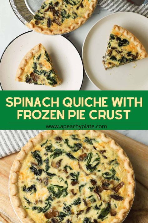 This savory and mouth watering quiche is made with fresh spinach and baked in a ready-made frozen pie crust. Using a pre-made frozen pie crust is convenient and saves so much time! This quiche is perfect for Sunday brunch or family gatherings. Get the recipe on www.apeachyplate.com Crust Less Spinach Quiche, Spinach Quiche Recipes Easy Pie Crusts, Frozen Spinach Quiche Recipes, Quiche Store Bought Pie Crust, Frozen Crust Quiche, Spinach Mushroom Quiche With Crust, Spinach Pie With Fresh Spinach, Easy Quiche With Frozen Pie Crust, Quiche Recipes Premade Crust