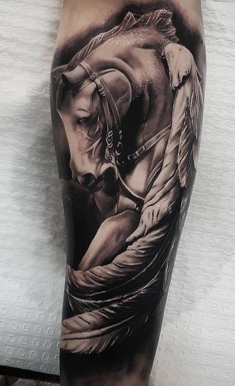 Horse Sleeve Tattoo, Pegasus Tattoos, Rider Tattoo, Monarch Tattoo, Pegasus Tattoo, Horse Tattoos, Horse Tattoo Design, Tattoo Dragon, Unicorn Tattoos