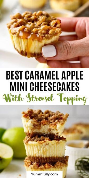 These Mini Apple Cheesecakes aren’t only quick and easy to prepare, but also a sophisticated fall dessert. They’re a perfect combination of a buttery graham cracker crust, creamy cheesecake filling, sweet and tangy apple topping, and moist and crunchy streusel topping. Perfect for any occasion. Apple Mini Cheesecakes, Mini Apple Cheesecake, Caramel Apple Mini, Apple Cheesecake Recipes, Apple Topping, Sour Cream Uses, Halloween Party Appetizers, Mini Cheesecake Recipes, Caramel Apple Cheesecake