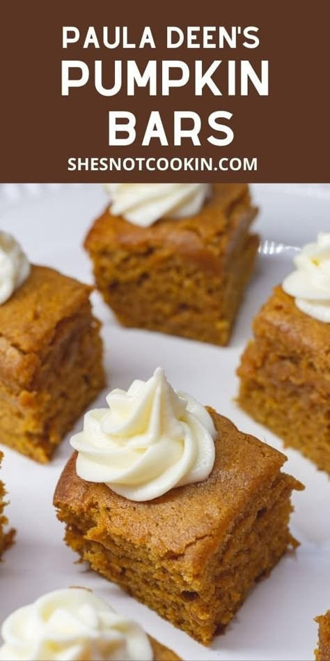 Paula Deen Pumpkin Bars, Pumpkin Bars Recipe, Easy Pumpkin Bars, Pumpkin Bars With Cream Cheese, Dessert Fall, Bars With Cream Cheese Frosting, Bars With Cream Cheese, Fall Baking Recipes, Recipe Pumpkin