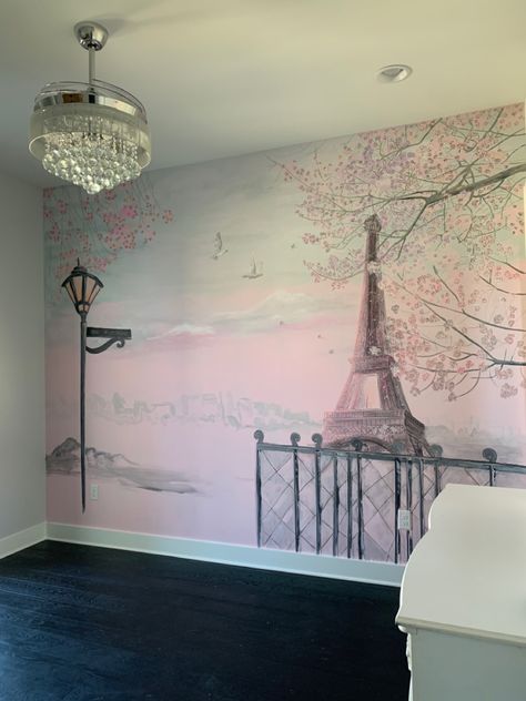 Pink sunset, grey clouds, Eiffel Tower, street lamp, white doves, cherry blossoms, soft. Paris Theme Bedroom, Paris Wall Mural, Paris Themed Bedroom, Illustrations Digital, Paris Themed, Digital Portraits, Wall Murals Painted, Acrylic Artists, The Giraffe