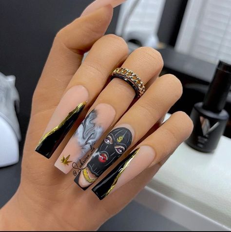 Gangster Nails, Black Nail Design, Black And Nude Nails, Nails Work, Black Nails With Glitter, Black Coffin Nails, Sculpted Nails, Different Nail Shapes, Black Acrylic Nails