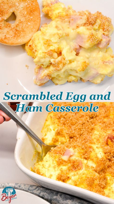 This easy ham scrambled egg casserole recipe is a cheesy egg and ham bake made the night before with scrambled eggs and a Velveeta cheese sauce making it a unique breakfast casserole. Egg And Cheese Casserole Recipes, Cheese And Egg Casserole, Scrambled Egg Casserole, Ham And Cheese Egg Bake, Baked Egg Casserole, Ham Bake, Working Mom Meals, Ham And Egg Casserole, Velveeta Cheese Sauce