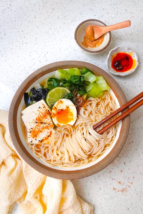 Peanut-Miso Noodle Soup - girlfromcalifornia Ingredient Prep, Miso Noodle Soup, White Miso Paste, Peanut Butter Spread, Full Meals, Miso Paste, White Miso, Soft Boiled Eggs, Butter Spread