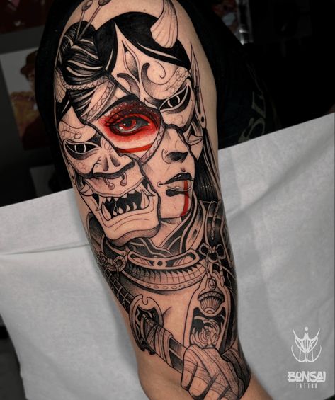 Half Sleeve Tattoos Sketches, Flannel Outfits Men, Random Tattoos, Oni Samurai, Scary Tattoos, Mask Tattoo, Flannel Outfits, Hand Tattoos For Guys, Japanese Tattoo Art