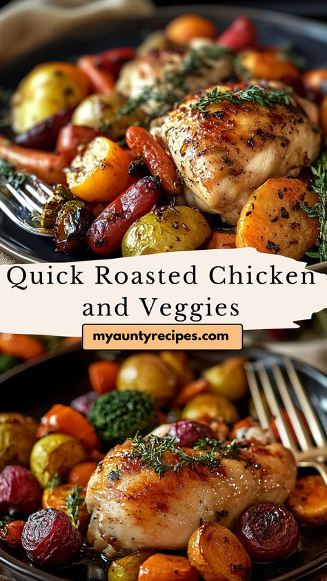 This Quick Roasted Chicken and Veggies recipe is the perfect solution for busy weeknights when you need a healthy, delicious meal in no time. Juicy chicken thighs are roasted to perfection with a medley of seasoned vegetables like carrots, zucchini, and potatoes, all in one pan. The result is a flavorful, crispy-skinned chicken with tender, roasted veggies that require minimal cleanup. Whether you’re meal prepping for the week or looking for a simple dinner idea Chicken And Vegetable Recipes One Pan, Chicken Potato Carrot Sheet Pan, Roasted Chicken And Vegetables One Pan, Chicken Zucchini Carrot Recipes, One Pan Roasted Chicken And Potatoes, Sheet Pan Chicken And Carrots, Whole Roasted Chicken And Vegetables, Grilled Chicken With Vegetables, Roasted Chicken And Carrots