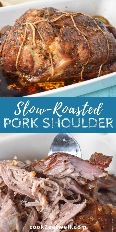 Two images of the pork shoulder with a blue graphic in the middle with the title in white letters. Pork Shoulder With Bone Recipes, Bone In Pork Shoulder Recipes Oven, Bone In Pork Shoulder Recipes, Boneless Pork Shoulder Roast Crockpot, Oven Roast Pork Shoulder, Boneless Pork Shoulder Picnic Roast Crock Pot, Pork Shoulder Picnic Roast Recipes, Bone In Pork Shoulder, Pork Shoulder Recipes Oven