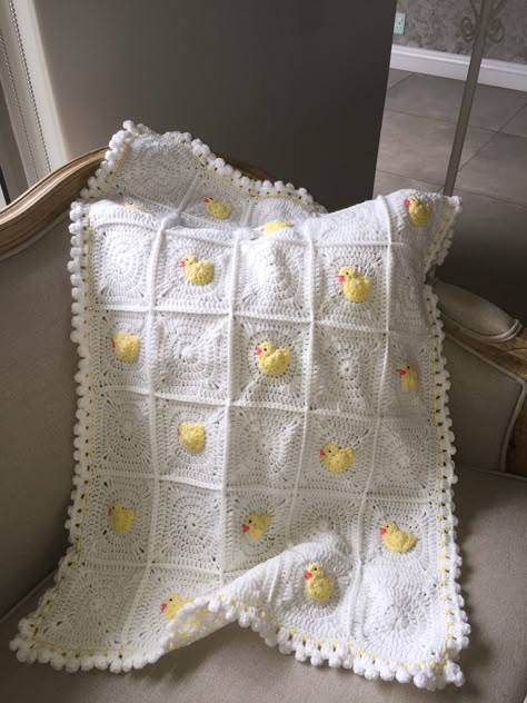 Little Duck Blanket by Sarah Jane Designs Crochet Duck Granny Square, Crochet Blanket Cute, Crochet Duck Blanket, Duck Granny Square, Duck Blanket, Baby Blanket Ideas, Crochet Baby Projects, Crochet Square Blanket, Crochet Blanket Designs