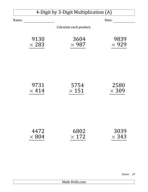 The Multiplying 4-Digit by 3-Digit Numbers (Large Print) (A) Math Worksheet from the Long Multiplication Worksheets Page at Math-Drills.com. Long Multiplication Worksheets, Class 4 Maths, Long Multiplication, Grade 5 Math Worksheets, Math Practice Worksheets, 4th Grade Math Worksheets, Math Drills, Mathematics Worksheets, Math Multiplication